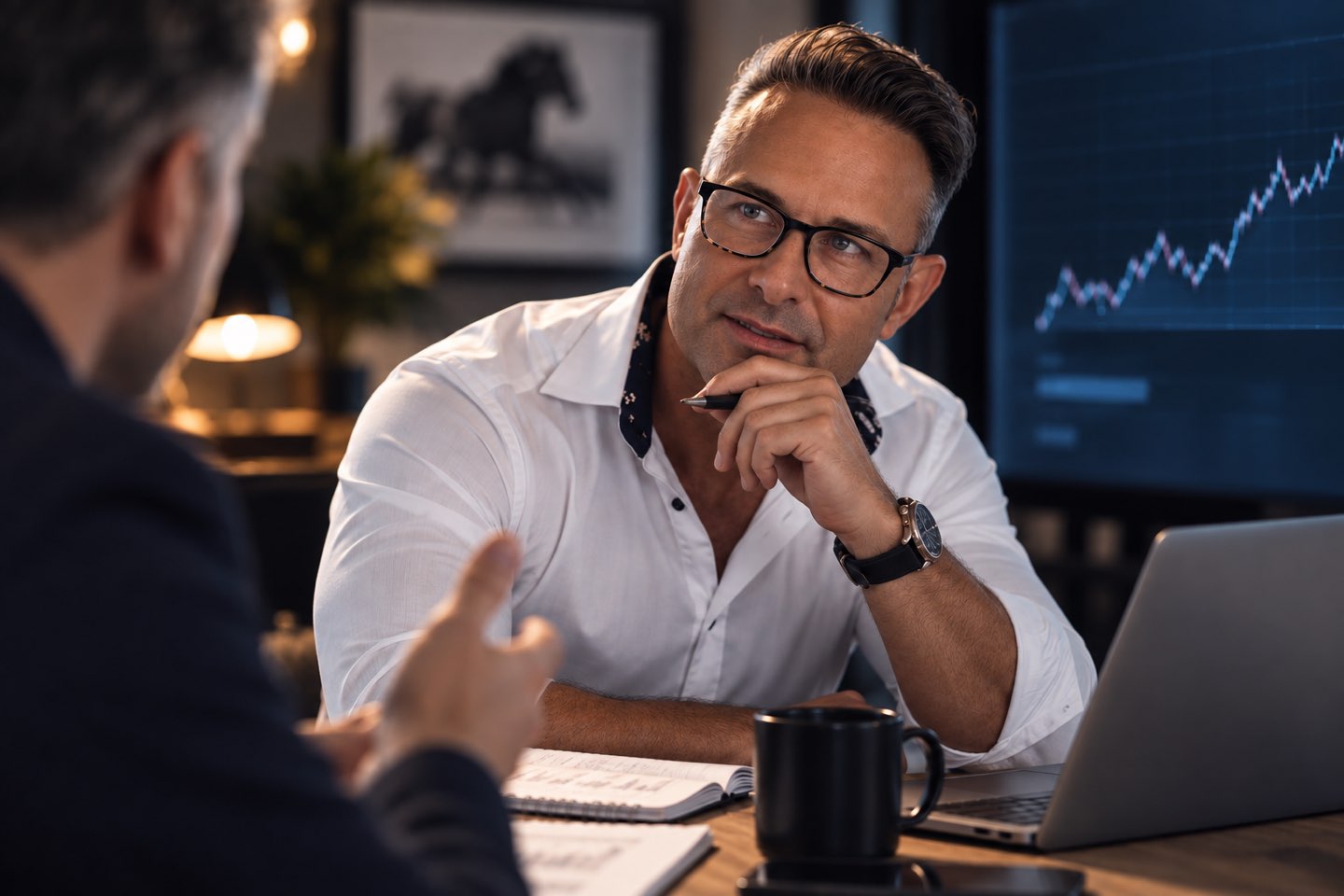 Stylised artwork of an analyst at a desk with a laptop, a notebook and a chart on the screen behind him