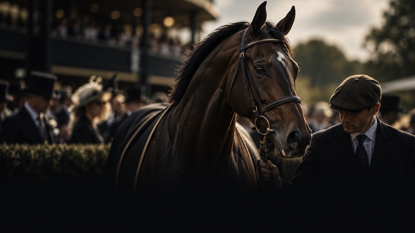 A racehorse led through the parade ring before a race